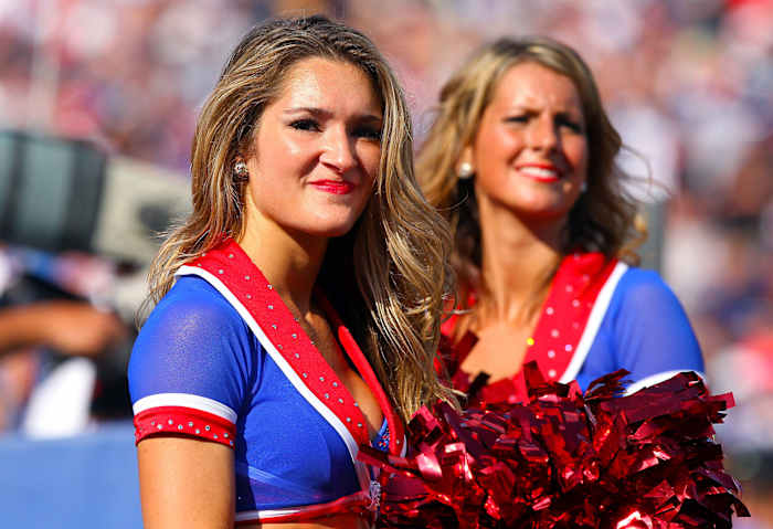 Two members of the Buffalo Jills cheerleaders during a game in 2011